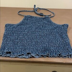 American Eagle Outfitters Blue Smocked Halter Crop Top